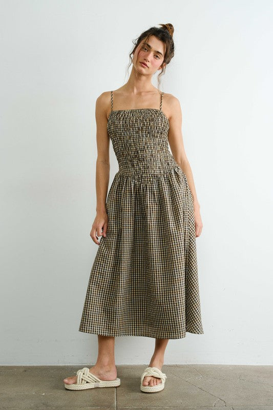 Reminiscing Autumn Days Gingham Smocked Midi Dress