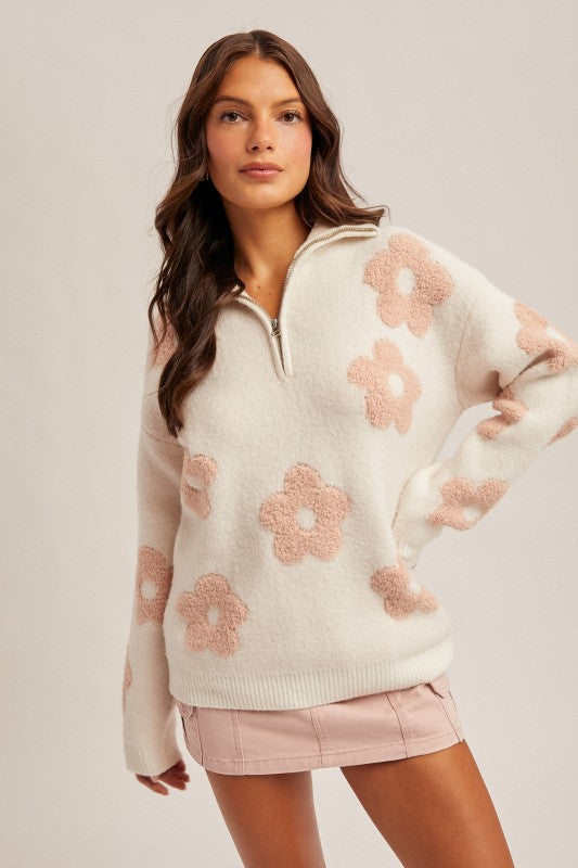 Floral Jacquard Half Zip Up Neck Sweater