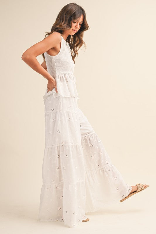 Heavenly Drift Eyelet Smocked Top Wide Leg Pants Set