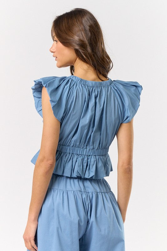 Blue Flutter Bubbled Ruffle Top