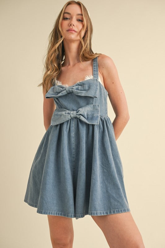 Bow-Tie Touch Denim Romper