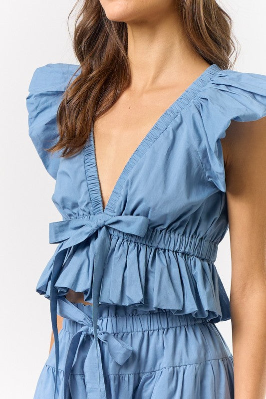 Blue Flutter Bubbled Ruffle Top