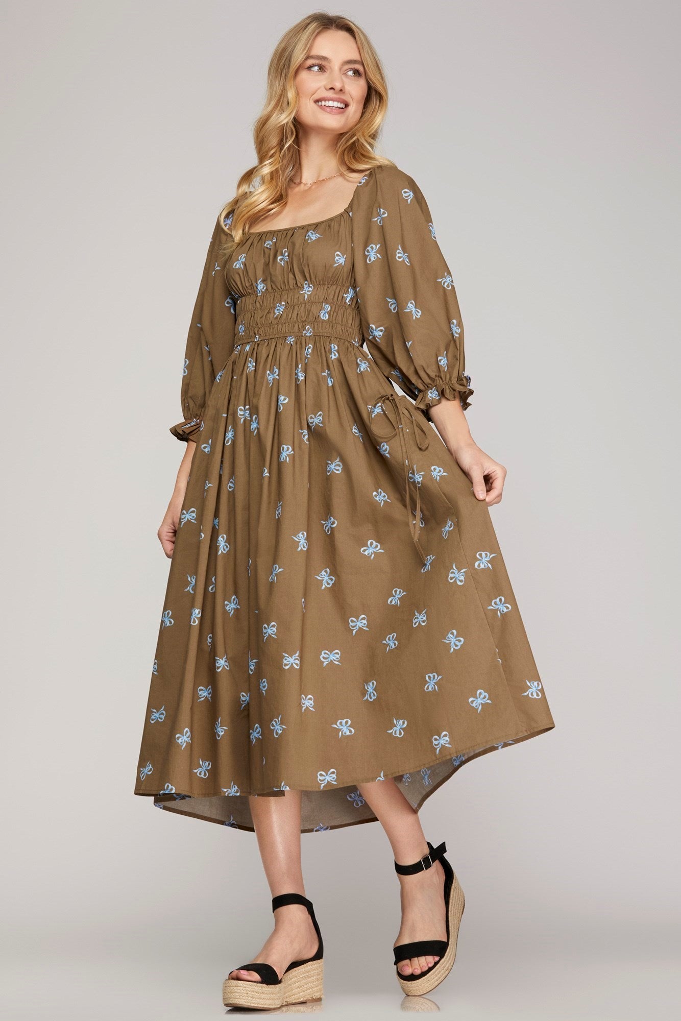 Flying Blue Bows Mocha Midi Dress