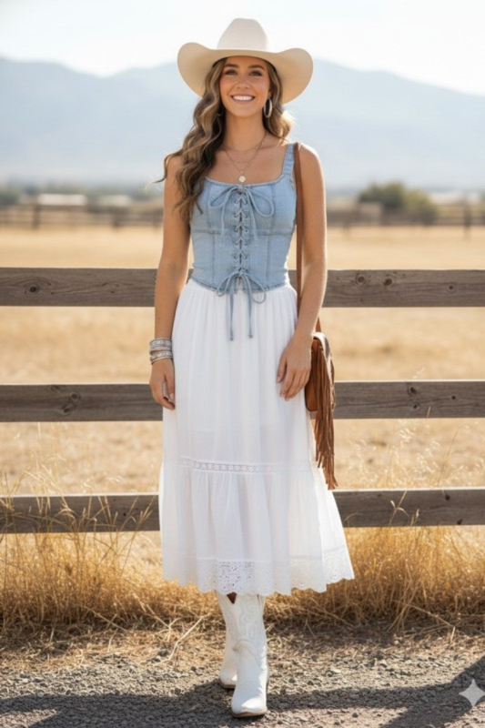Take Me To The Rodeo Lace Corset Stretch Denim Top