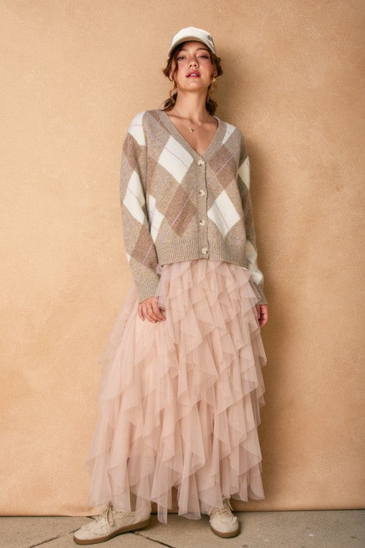 Vintage Mood Peony Veil Elastic Ruffled Maxi Skirt