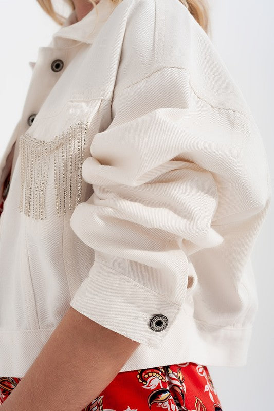 Glistening Fringy Icicles White Denim Jacket
