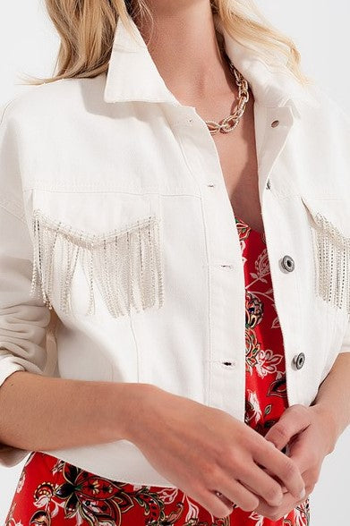 Glistening Fringy Icicles White Denim Jacket