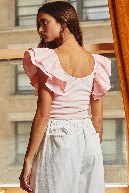 Pink Wings Of An Angel Ruffled Sleeve Top