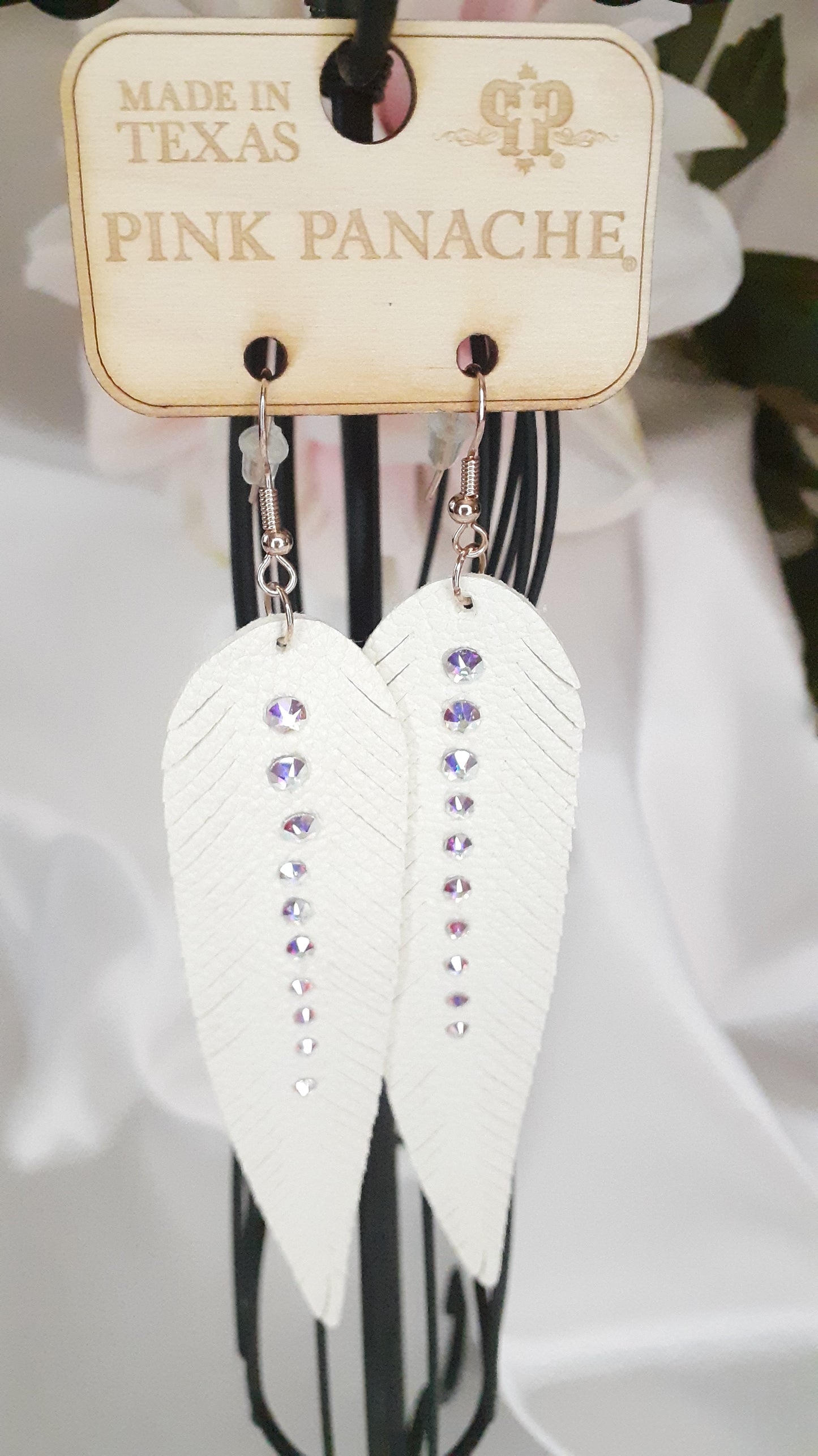 Pink Panache White Narrow Leather Feather Earrings