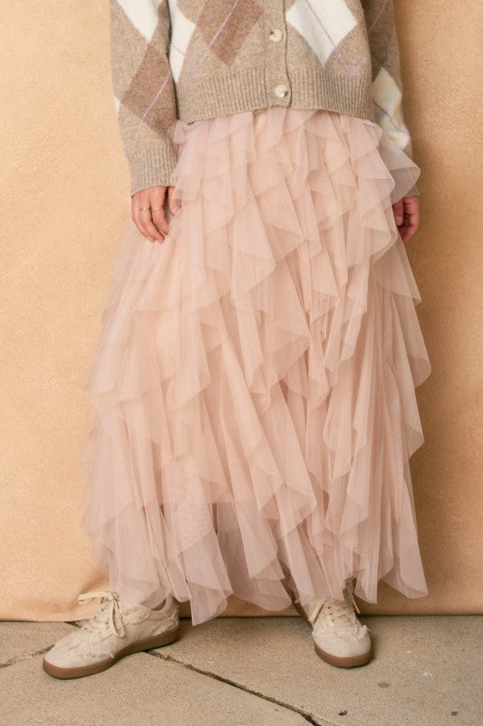 Vintage Mood Peony Veil Elastic Ruffled Maxi Skirt