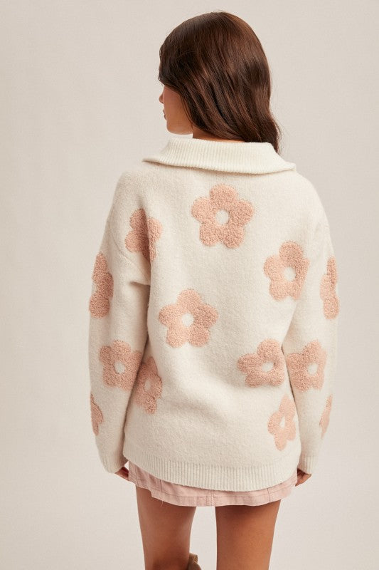 Floral Jacquard Half Zip Up Neck Sweater