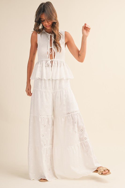 Heavenly Drift Eyelet Smocked Top Wide Leg Pants Set