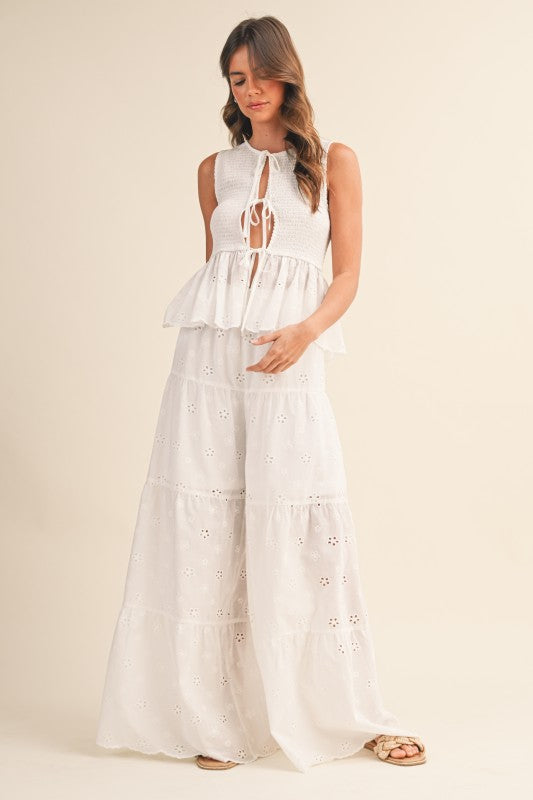 Heavenly Drift Eyelet Smocked Top Wide Leg Pants Set