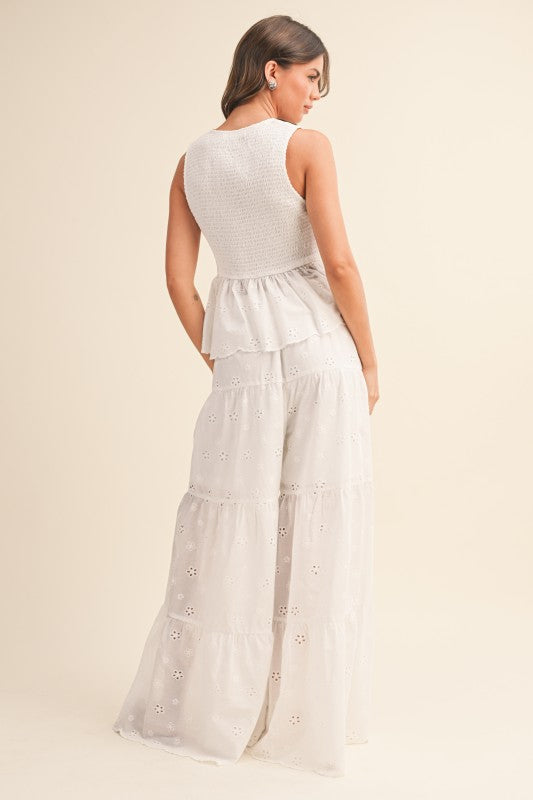 Heavenly Drift Eyelet Smocked Top Wide Leg Pants Set