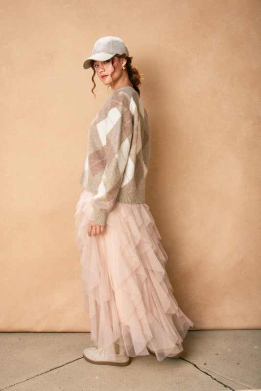 Vintage Mood Peony Veil Elastic Ruffled Maxi Skirt