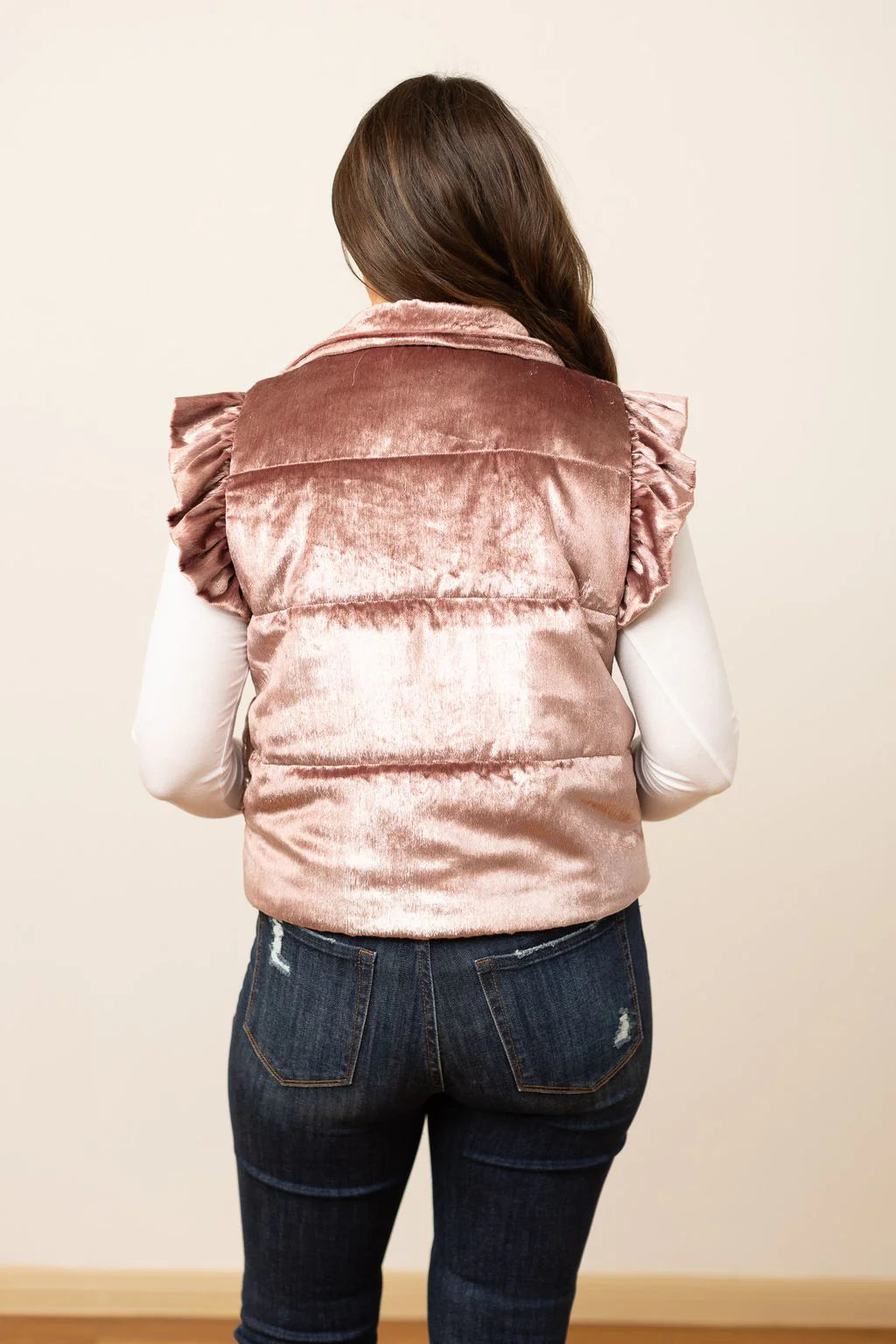 Joyful Champagne Shimmer Ruffle Sleeve Puffer Vest