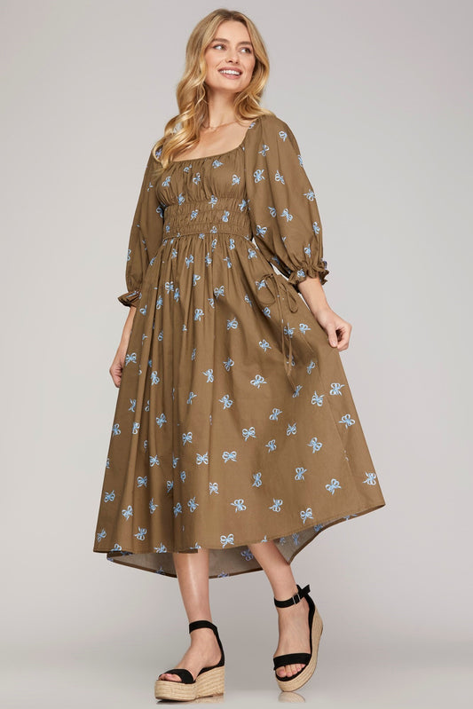 Flying Blue Bows Mocha Midi Dress