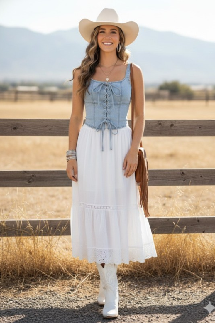 Take Me To The Rodeo Lace Corset Stretch Denim Top
