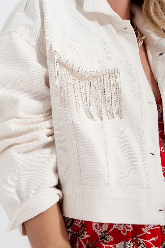 Glistening Fringy Icicles White Denim Jacket
